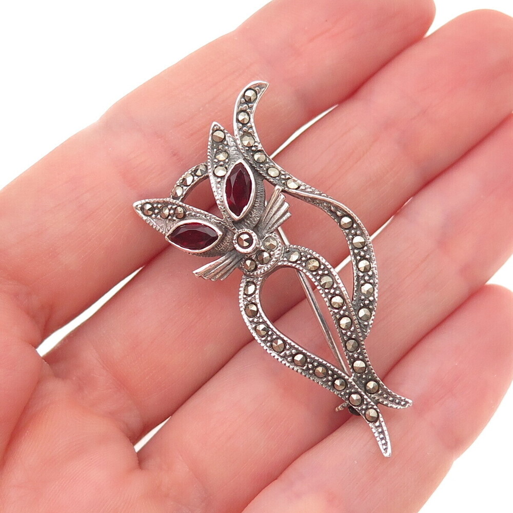 925 Sterling Silver Vintage Real Red Garnet & Marcasite Cat Oxidized Pin Brooch